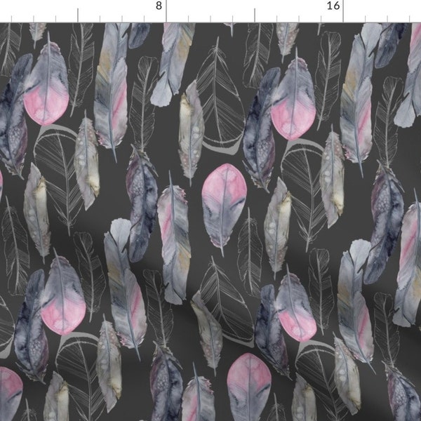 Boho Fabric - Boho Feathers Dark Gray By Katebillingsley - Bohemian Watercolor Feathers Pink Gray Cotton Fabric By The Yard With Spoonflower