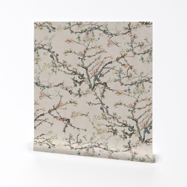 Papel pintado despegable y adhesivo vintage Van Gogh - Árboles beige neutros - Decoración de pared - Flor de almendro de delinda_graphic_studio