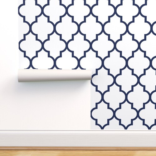 Blue Wallpaper Classic Navy/white Quatrefoil by Willow Lane Etsy