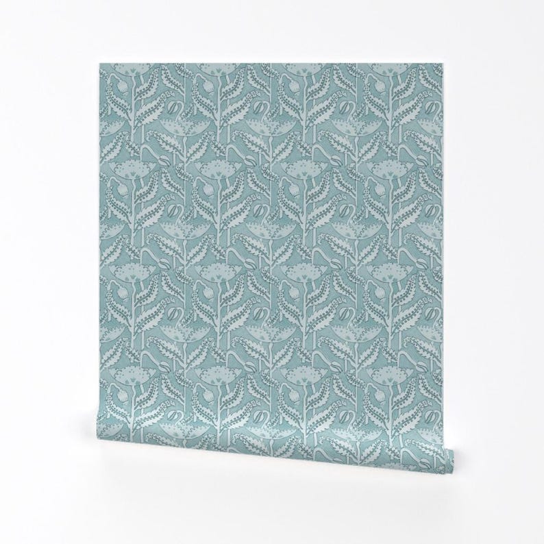 Antique Wallpaper - Antique Poppy In Aquamarine By Willowlanetextiles - Custom Printed Removable Self Adhesive Wallpaper Roll by Spoonflower image 2