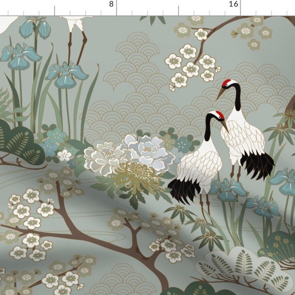 Crane Chinoiserie Fabric - Japanese Garden Sage by juditgueth - Sakura Cherry Blossom Floral Gardens Fabric by the Yard by Spoonflower