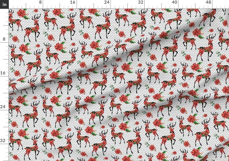 Woodland Christmas Deer Fabric Winter Red Polka Dots By Etsy