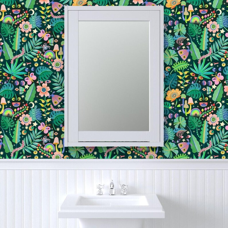 Whimsical Peel and Stick Wallpaper - Illustrative Floral Trippy Psychedelic - Removable Wall Decor Art - Monsteras And Monsters by rebelform image 8