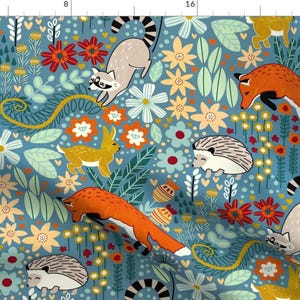 Folk Woodland Fabric - Textured Woodland Pattern By Tigatiga - Blue Fox Deer Raccoon Hedgehog Cotton Fabric By The Yard With Spoonflower