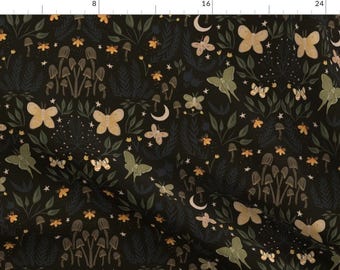 Dark Moth Damask Style Fabric - Bioluminescent Stay MoonLit By Notbaddesignco - Earth Tones Cotton Fabric By The Yard With Spoonflower