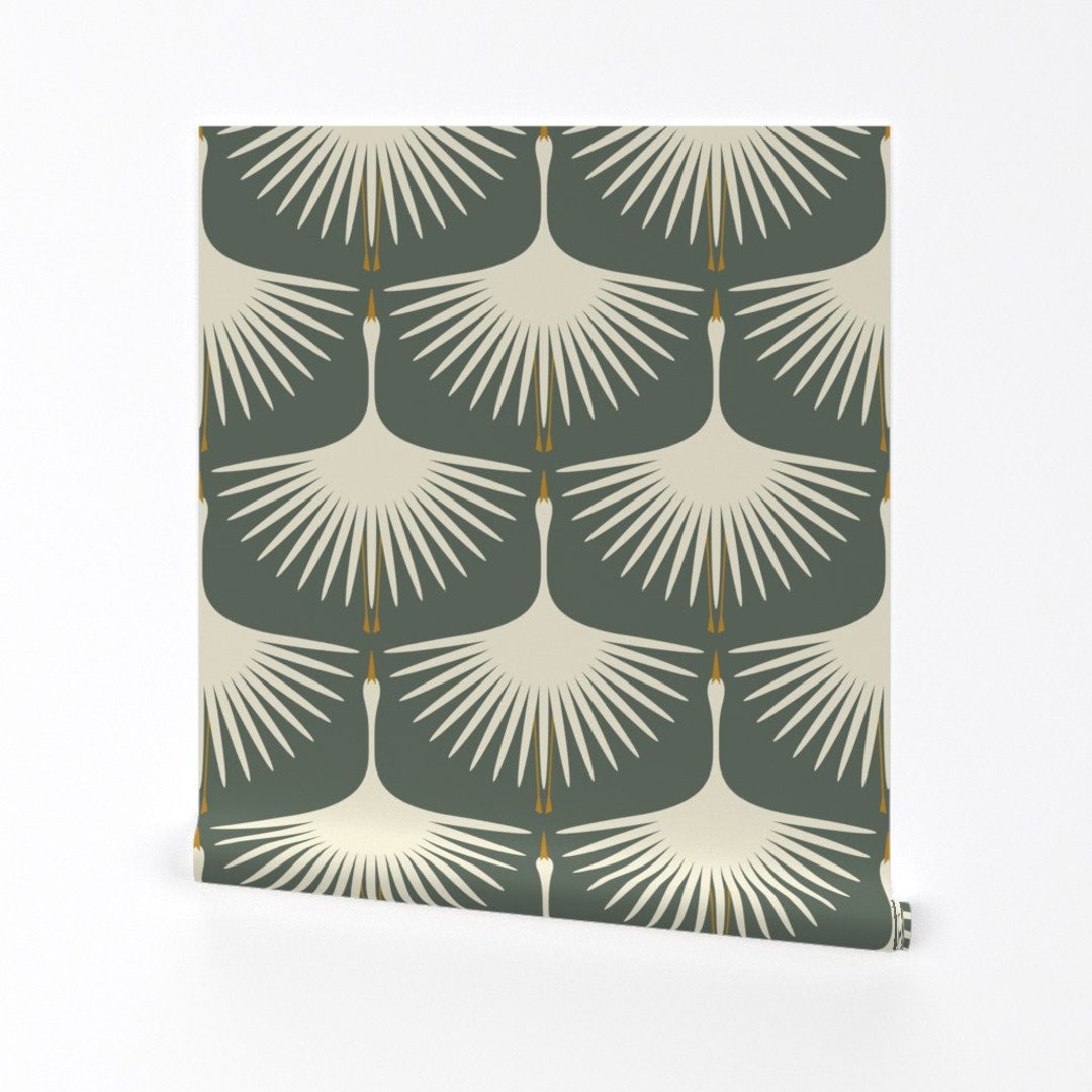 Swan Wallpaper Art Deco Swans Smoke Green by Katerhees Mid Century — free download