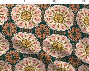 Bohemian Fabric - Mandala Emerald And Pink by fineapple_pair - Modern Tropical Jungle Boho Eclectic Blush Fabric by the Yard by Spoonflower