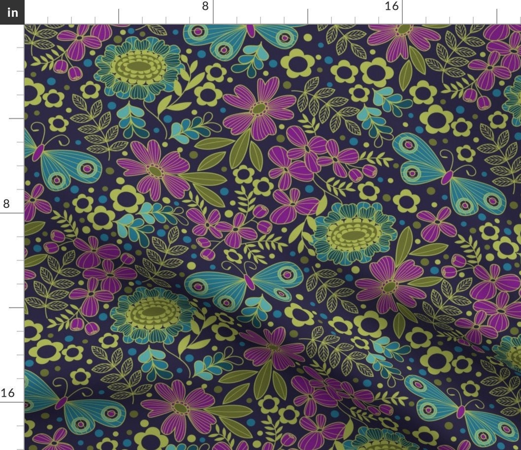 Jewel Tone Fabric 70'S Floral Jeweltone Cool by Etsy