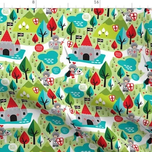 May include: A white background with a repeating pattern of knights on horses, castles, trees, and clouds. The knights are wearing red and blue armor and holding swords. The castles are gray with red roofs. The trees are green and red. The clouds are white. The pattern is repeated throughout the image.