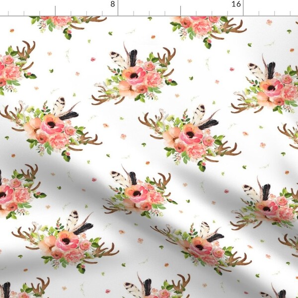 Flower Posies And Horns Fabric - Flowered Boho Antlers By Shopcabin - Girly Hippy Retro Native Cotton Fabric By The Yard With Spoonflower