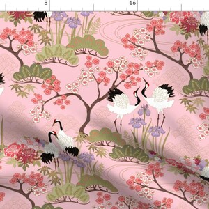 Japanese Garden On Pink Fabric - Gueth Japanese Garden Pink By Juditgueth - Japanese Garden Crane Cotton Fabric By The Yard With Spoonflower Bild 1