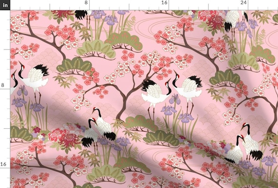 Japanese Garden On Pink Fabric - Gueth Japanese Garden Pink By Juditgueth - Japanese Garden Crane Cotton Fabric By The Yard With Spoonflower