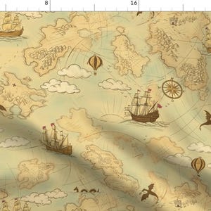Vintage Style Fabric - Fantasy Adventure Map by lemon_chiffon - Whimsical Pirate Ship Globe Map Old World Fabric by the Yard by Spoonflower