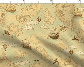 Vintage Style Fabric - Fantasy Adventure Map by lemon_chiffon - Whimsical Pirate Ship Globe Map Old World Fabric by the Yard by Spoonflower