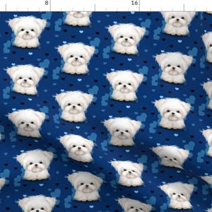 May include: A seamless pattern featuring white Maltese dogs with blue hearts on a dark blue background.
