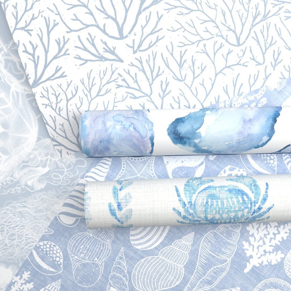 Blue Coastal Peel-and-Stick Wallpaper Sampler - Nautical Beach Soft Blue White Summer Removable Wallpaper Swatch Sample Pack by Spoonflower