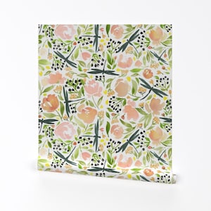 Flowers Wallpaper - Watercolor Insects Dragonflies And Tea Roses By Laurawrightstudio -Custom Printed Adhesive Wallpaper Roll by Spoonflower