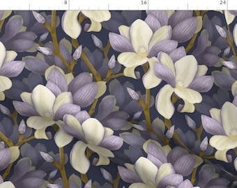 Purple Moody Floral Illustration Fabric - Moody Magnolia By J9design - Floral Pattern Dark Cotton Fabric By The Yard With Spoonflower