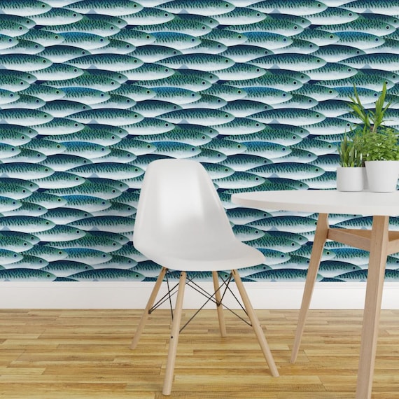 Fish Wallpaper - Sea By Spellstone - Fish Blue Scales Sportsman Fishing Custom Printed Removable Self Adhesive Wallpaper Roll by Spoonflower