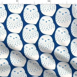 Owl Fabric - Snowy Owl Blue By Littlefoxhill - Owl Dark Blue and White Baby OwlCotton Fabric By The Yard With Spoonflower