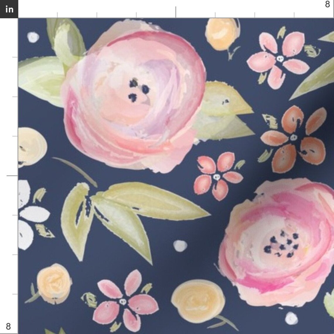 Navy and Pink Flower Fabric Watercolor Floral in Navy by Etsy