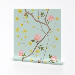 Chinoiserie Wallpaper - Jenny Peony on Mint by Domesticate - Custom Printed Removable Self Adhesive Wallpaper Roll by Spoonflower