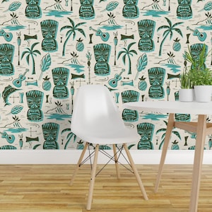 Mid Century Modern Wallpaper - Tropical Aqua Jumbo By Heatherdutton - Custom Printed Removable Self Adhesive Wallpaper Roll by Spoonflower