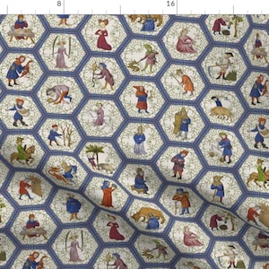 Medieval Fabric - Medieval People - Blue Frame By Ameliae - Medieval People Hexagon Geometric Cotton Fabric By The Yard With Spoonflower
