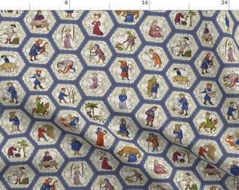 Medieval Fabric - Medieval People - Blue Frame By Ameliae - Medieval People Hexagon Geometric Cotton Fabric By The Yard With Spoonflower