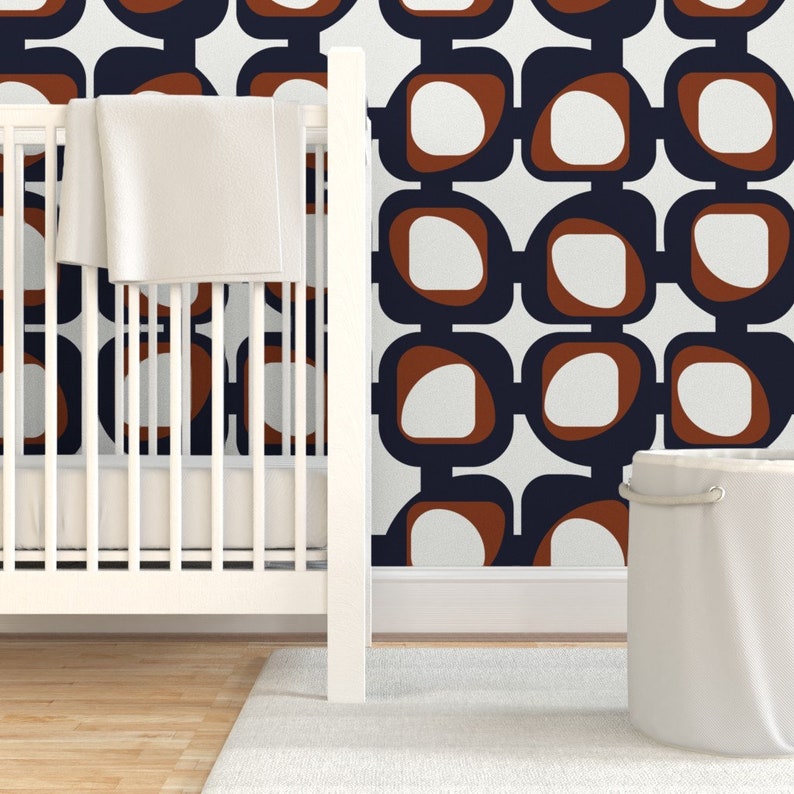 Modern Wallpaper Navy and Rust by Blerta Brown Blue White Etsy