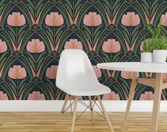 Carta da parati adesiva Art Deco Peonia - Blu scuro, rosa e verde - Decorazione murale rimovibile - Grande arco geometrico di cleartangledstudio