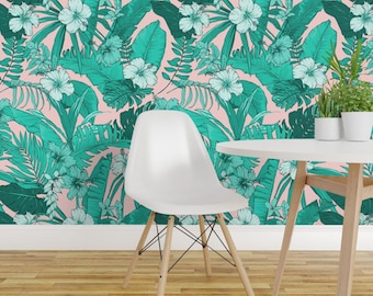 Tropical Wallpaper - Miami Beach / Aqua Peach By Shopcabin - Botanical Spoonflower Custom Printed Removable Self Adhesive Wallpaper Roll