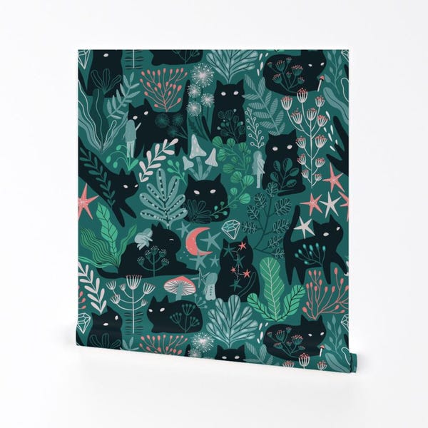 Forest Green Wallpaper - Green Forest Cats by kostolom3000 - Cats Summer Spring Pet Animal Removable Peel and Stick Wallpaper by Spoonflower