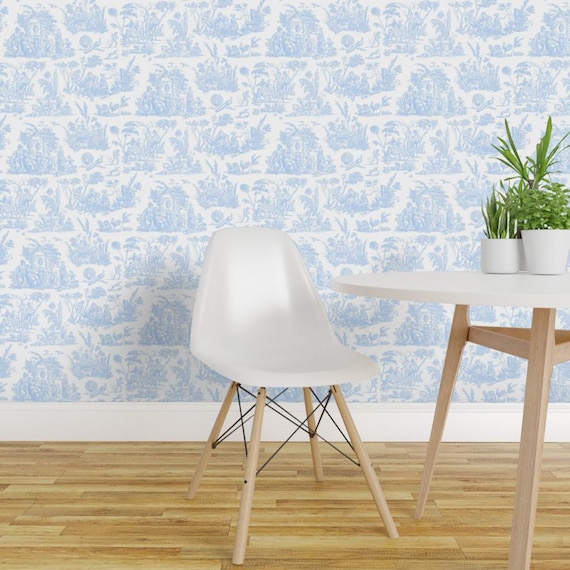 Toile Wallpaper - Marseilles Toile By Peacoquettedesigns - Baby Blue Nursery French Removable Self Adhesive Wallpaper Roll by Spoonflower