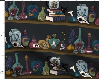 Library Fabric - The Mystic's Library by ladybird_designs - Halloween Potions Spells Bottles Mystical Blue Fabric by the Yard by Spoonflower