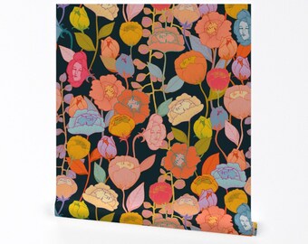 Papier peint floral coloré - Wonder Flowers par Ceciliamok - Rouleau de papier peint auto-adhésif amovible brillant noir avec des coquelicots arc-en-ciel par Spoonflower
