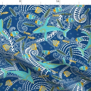 Fish Fabric - Ocean Tribe (Classic Blue) 18” By Helenpdesigns - Blue Green Tribal Hawaii Beach Cotton Fabric By The Yard With Spoonflower