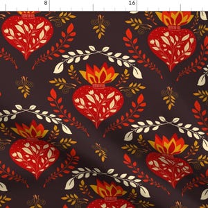 Art Nouveau Fabric - Sacred Heart Damask by halleygertrude - Brown And Red Catholic Flaming Heart  Fabric by the Yard by Spoonflower
