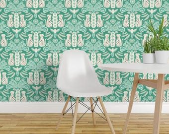 Tropical Damask Peel and Stick Wallpaper - Green Palm Tree Big Cats Animals  - Removable Wall Decor Art - Leopard Jungle Fun by anna_kennedy