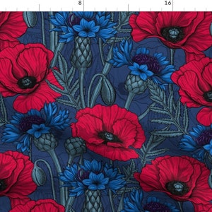 Moody Floral Fabric - Red Poppies And Blue Cornflowers On Blue By Katerina Kirilova - Bold Bright Cotton Fabric By The Yard With Spoonflower