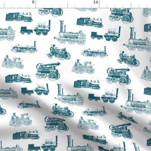 Train Fabric - Antique Steam Engines // Aquamarine // Large By Thinlinetextiles - Train Vintage Cotton Fabric By The Yard With Spoonflower