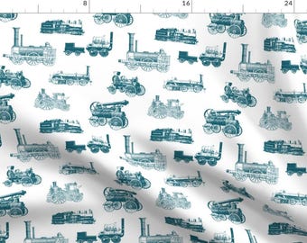 Train Fabric - Antique Steam Engines // Aquamarine // Large By Thinlinetextiles - Train Vintage Cotton Fabric By The Yard With Spoonflower