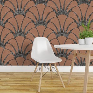 Scallop Peel and Stick Wallpaper - Classic Art Deco Bold Abstract Feather Fan Brown - Removable Wall Decor Art - Xl Plumage by pemjo_studio