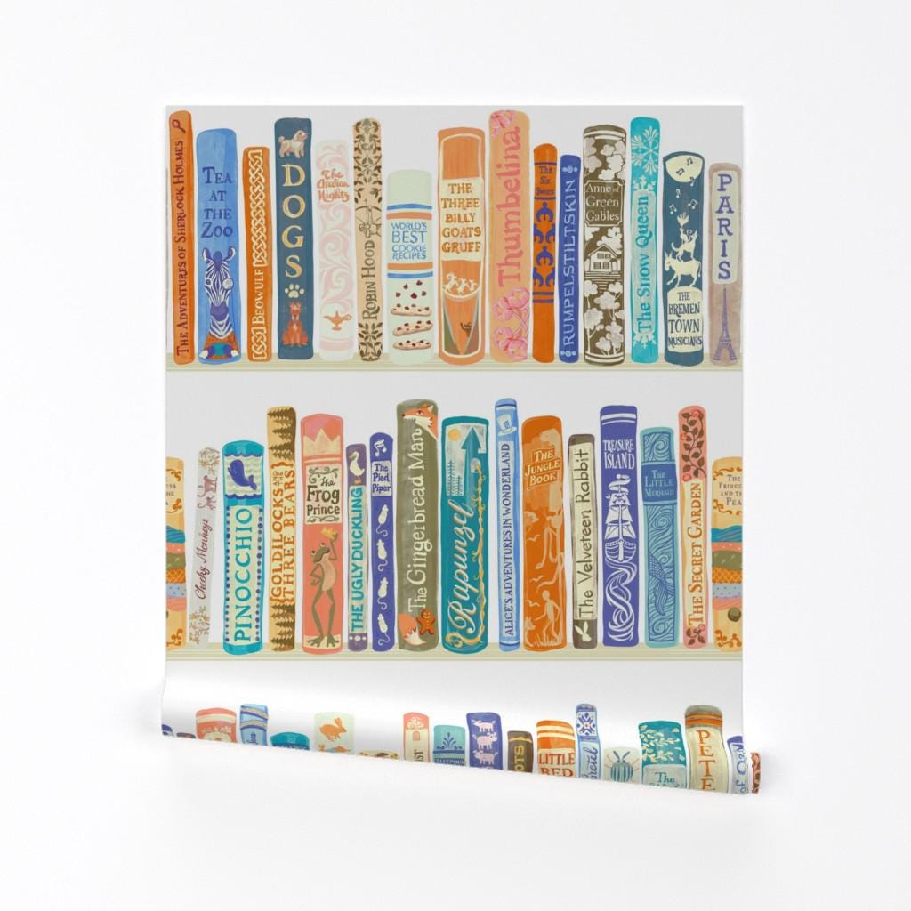 Books Removable Peel and Stick Wallpaper -  Library Literature Fairy Tales - Wall Art Wall Decor - Children's Bookshelf by taranealart