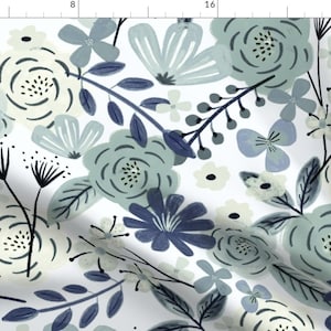Blue Boho Floral Fabric - Flower Child Boho by roochita - Sage Green Floral Wilderness Large Scale Fabric by the Yard by Spoonflower