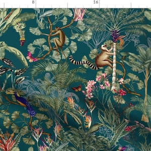Rainforest Animals Fabric - Tropical Paradise by smokeinthewoods - Monkeys Birds Trees Teal Green Foliage Fabric by the Yard by Spoonflower