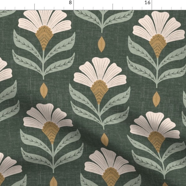 Green Flower Fabric - Rustic Floral Green by scarlet_soleil - Floral Meadow Botanical Art Nouveau Rustic Fabric by the Yard by Spoonflower