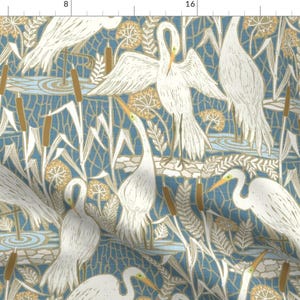 Art Deco Fabric - Cranes Muted Blue  by illaberek -  Wildlife Birds Coastal Cranes Lake Botanical Nature Fabric by the Yard by Spoonflower