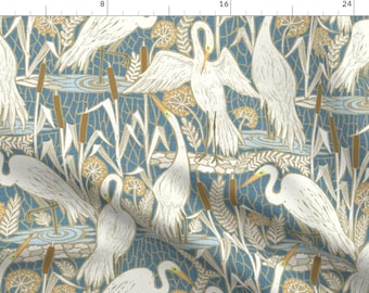 Art Deco Fabric - Cranes Muted Blue  by illaberek -  Wildlife Birds Coastal Cranes Lake Botanical Nature Fabric by the Yard by Spoonflower