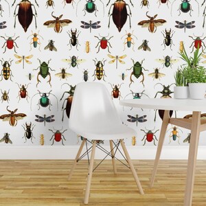 Papel pintado de insectos - Colección de insectos de Shopcabin - Papel pintado infantil autoadhesivo removible con diseño de insectos, escarabajos y polillas, color blanco, de Spoonflower.